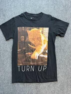2 Monkeys Women’s S Black Turn Up DJ Cat Graphic Short Sleeve T-Shirt